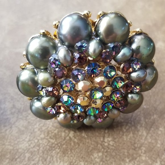 RARE VINTAGE STATEMENT JOSE & MARIA BARRERA PEARL STONE CRYSTAL FLOWER EARRINGS - Picture 4 of 12